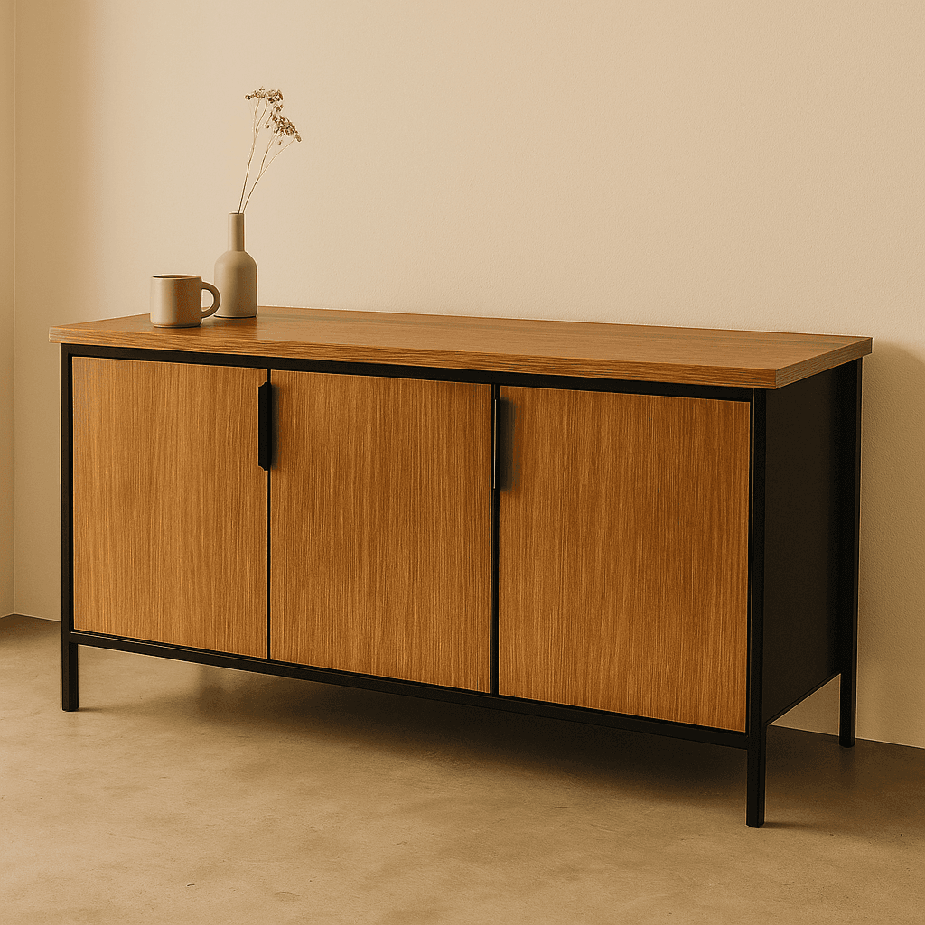A modern sideboard with a wood veneer finish on the cabinet doors and a matte black frame and legs. It features three cabinet doors, each with a vertical black handle. The top surface is a continuation of the wood veneer. The piece is elevated by slender, angled black metal legs. — 3D model