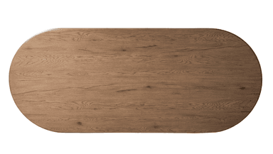 An oval-topped table crafted from natural wood, featuring a distinctive sculptural base composed of two thick, curved vertical panels connected by a large, inverted S-shaped cut-out in the center. — 3D model