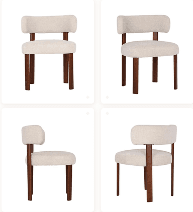 An armless chair featuring a round upholstered seat and a low, curved upholstered backrest, supported by four dark-stained wooden legs. — 3D model