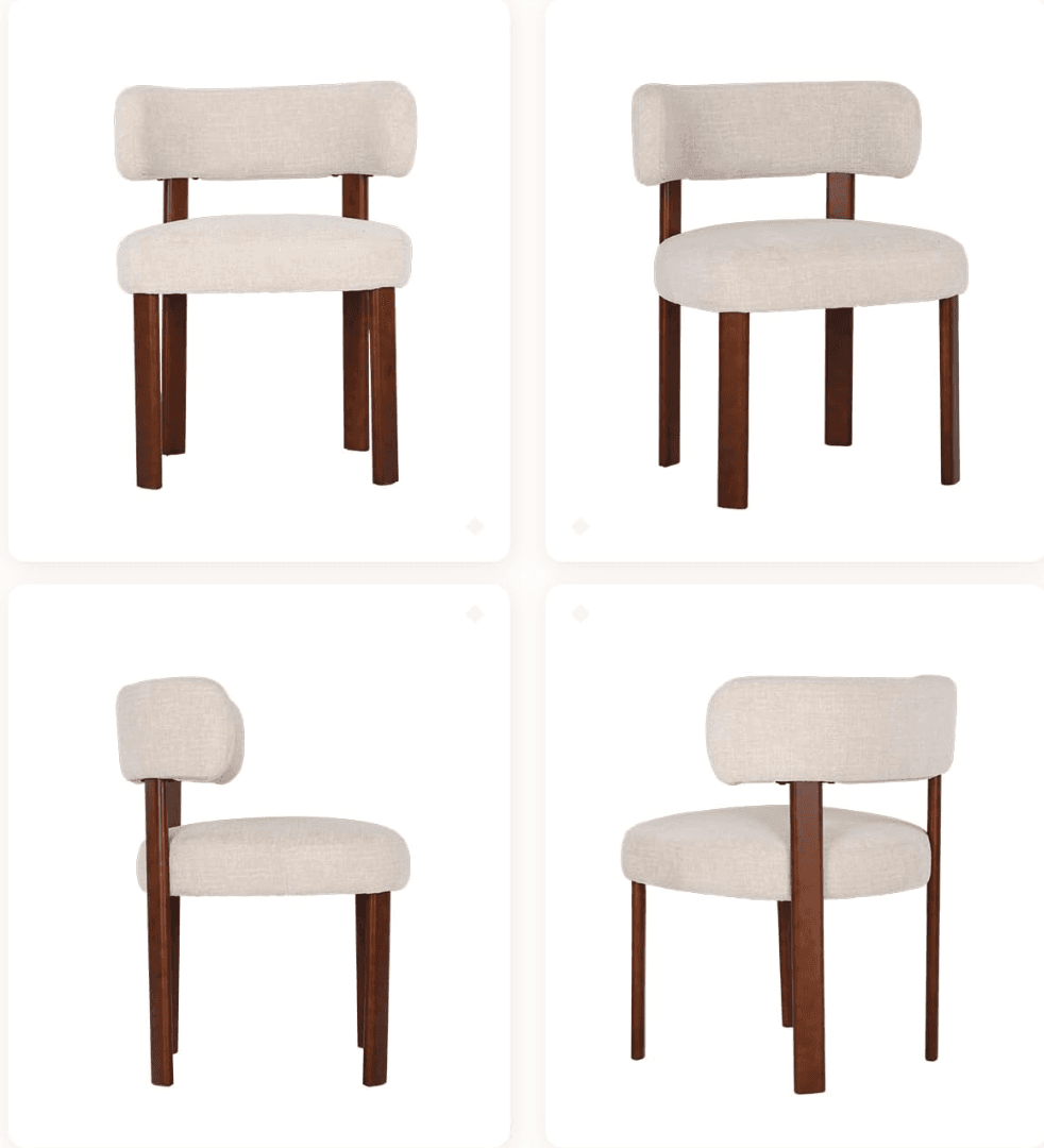 An armless chair featuring a round upholstered seat and a low, curved upholstered backrest, supported by four dark-stained wooden legs. — 3D model