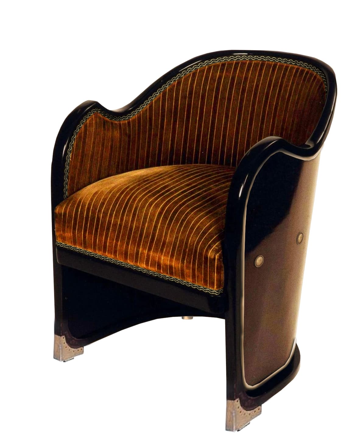 A vintage armchair with a curved back and integrated armrests. The upholstery is a textured velvet in a warm brown tone, featuring vertical ribbing. The frame is constructed from a dark, possibly lacquered wood, with contrasting polished metal accents at the feet. Decorative trim is present along the edge of the upholstered back. — 3D model