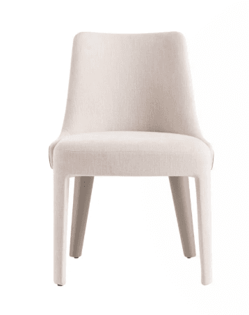 A contemporary armless dining chair, fully upholstered in a light, neutral-toned fabric, featuring a subtly curved backrest and integrated, straight tapered legs. — 3D model
