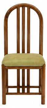 A wooden dining chair with an arched, slatted backrest and an upholstered seat, featuring straight legs reinforced with stretchers. — 3D model