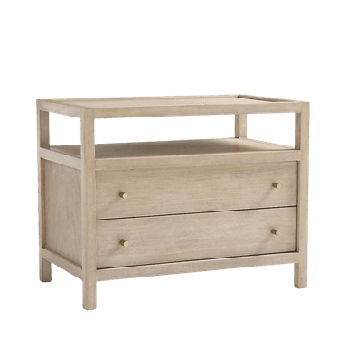 A rectangular nightstand crafted from whitewashed wood, featuring two bottom drawers with brass knob hardware and an open display shelf situated above them. The top surface has a slightly raised perimeter edge. — 3D model