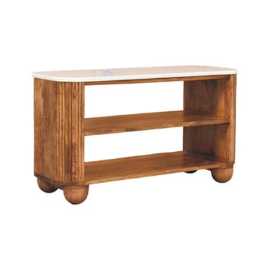 A rectangular console table featuring a smooth white marble top, two open wooden shelves for storage or display, and a wooden frame with distinct reeded or fluted side panels. The table stands on four rounded, spherical wooden feet. — 3D model