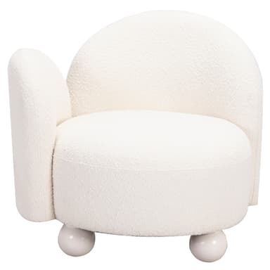 A contemporary armchair featuring an asymmetrical design with a single armrest. It is upholstered in a textured, cream-colored boucle fabric, presenting a soft and rounded silhouette. The chair is supported by four spherical ball feet, providing a distinctive and stable base. Its overall aesthetic is plush and modern. — 3D model