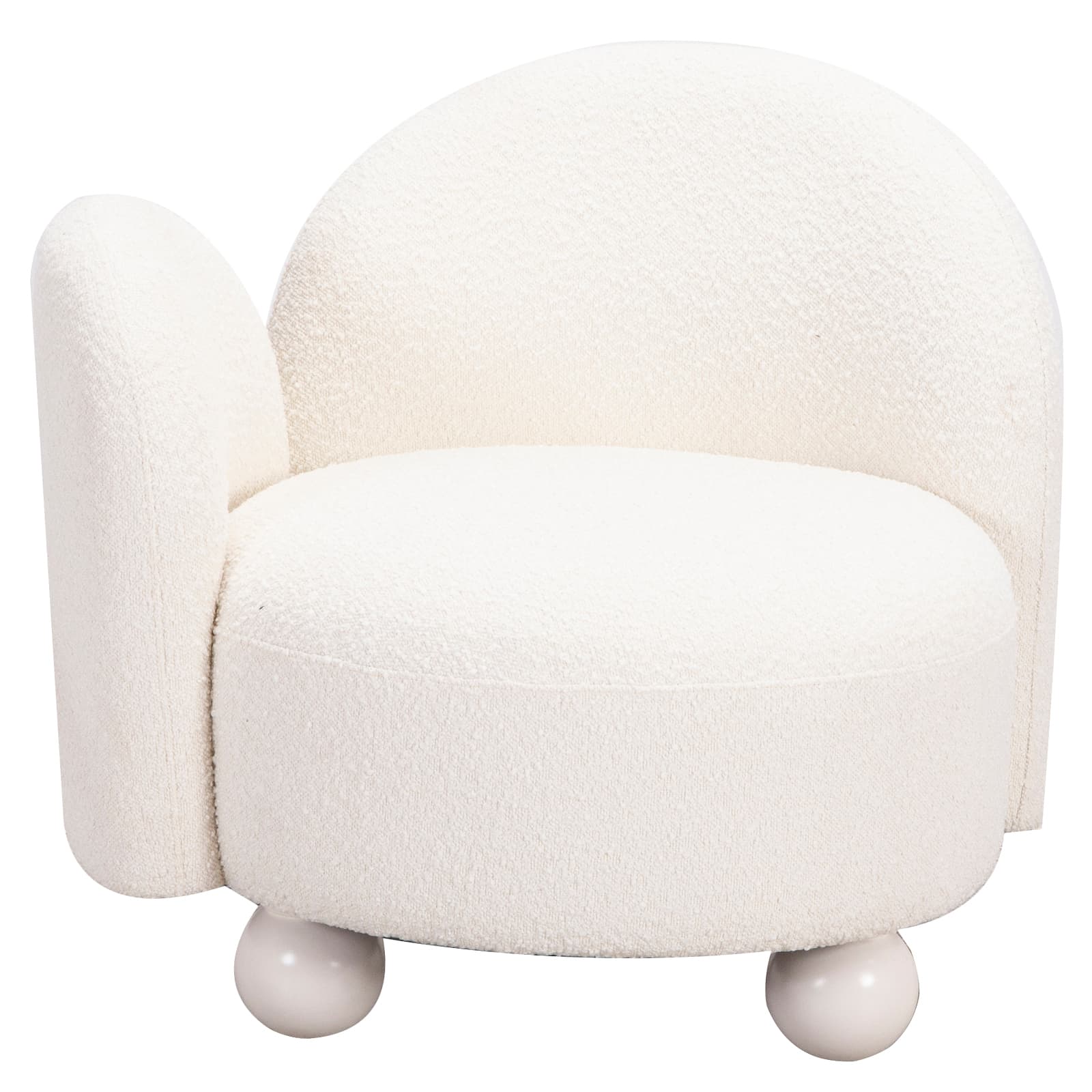 A contemporary armchair featuring an asymmetrical design with a single armrest. It is upholstered in a textured, cream-colored boucle fabric, presenting a soft and rounded silhouette. The chair is supported by four spherical ball feet, providing a distinctive and stable base. Its overall aesthetic is plush and modern. — 3D model
