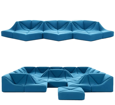 A large, olive green modular sectional sofa featuring a highly sculptural and geometric design with faceted, undulating surfaces that create an abstract, topographical landscape aesthetic. — 3D model