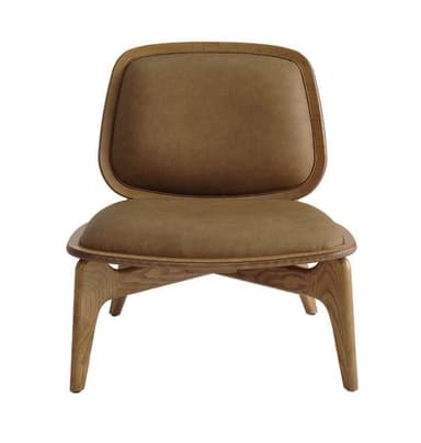 A modern lounge chair with a wooden frame and upholstered seat and backrest. The chair features a curved backrest and seat, supported by elegantly shaped wooden legs. The wooden elements have a natural finish, highlighting the grain, while the upholstery is a solid, textured brown. — 3D model