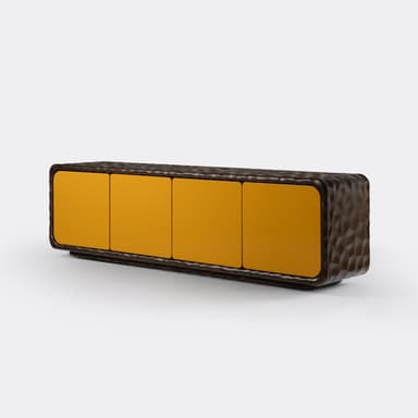 A long, low-profile contemporary sideboard featuring a deeply textured, dark brown wooden exterior that wraps around the top, sides, and bottom. The front of the sideboard is composed of four flush, smooth, ochre-colored lacquered doors, creating a striking contrast with the organic, sculpted wood frame. The texture on the wood resembles a faceted, geometric pattern or carved rock, giving the piece a sculptural and avant-garde aesthetic. The piece appears to rest directly on the floor without visible legs. — 3D model