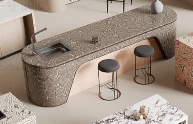 A modern kitchen island with a curved, elongated form. It features a patterned countertop with an integrated sink and faucet. The front and sides of the island have a textured, wood-grain-like pattern, while the interior section appears to be made of a lighter wood material. Two black bar stools with thin metal legs are positioned in front of the island. — 3D model