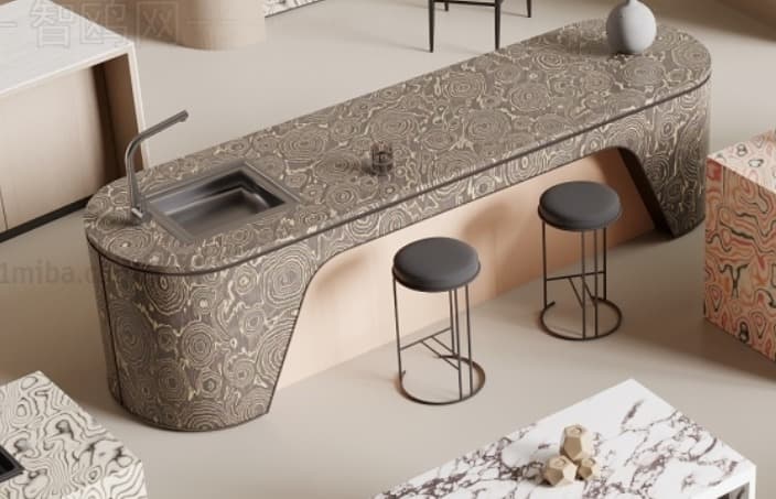A modern kitchen island with a curved, elongated form. It features a patterned countertop with an integrated sink and faucet. The front and sides of the island have a textured, wood-grain-like pattern, while the interior section appears to be made of a lighter wood material. Two black bar stools with thin metal legs are positioned in front of the island. — 3D model