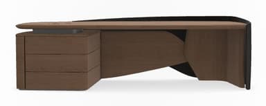 A modern executive desk with a distinctive asymmetrical design. It features a multi-level structure with a wooden top and a three-drawer cabinet on the left side. The supporting structure on the right is a sculptural element with curved panels in black and wood finish. The desk has a contemporary aesthetic with clean lines and a focus on material contrast. — 3D model