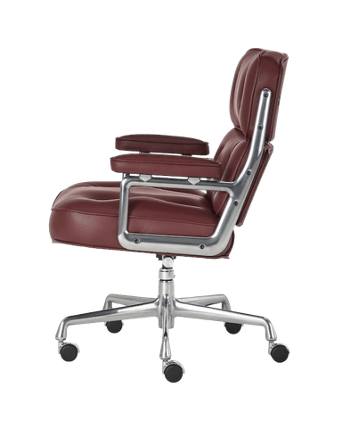 A burgundy leather executive office chair with a chrome frame and a five-star aluminum base on casters, featuring a tufted design. — 3D model