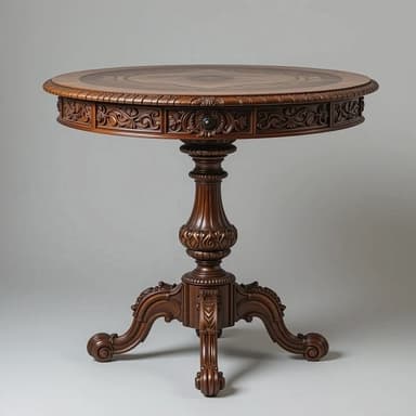 A round accent table with a pedestal base and ornate detailing. The tabletop features intricate wood inlay with a central oval motif and decorative banding. The pedestal base is turned and carved, supported by three scrolled legs that terminate in bun feet. The apron of the table is also heavily carved with a foliate pattern. — 3D model