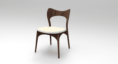 A modern dining chair featuring a dark walnut wood frame and an off-white upholstered seat, with a distinctive curved and open backrest. — 3D model
