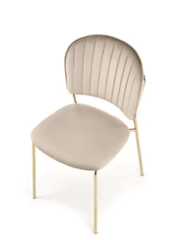 An armless chair featuring a channel-tufted backrest and a padded seat, both upholstered in a light beige velvet-like fabric. The chair stands on four slender, round, gold-toned metal legs. The backrest has a rounded top edge, contributing to a modern and elegant aesthetic. — 3D model