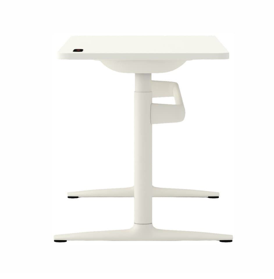 A minimalist, white height-adjustable standing desk featuring a rectangular top with rounded corners, a central pedestal column, and a four-pronged star base. It includes an integrated control panel on the tabletop for electronic height adjustment. — 3D model