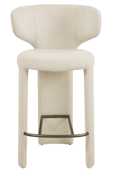 A contemporary upholstered bar stool with a distinctive curved backrest and a dark metal footrest, covered in a cream-colored textured fabric. — 3D model