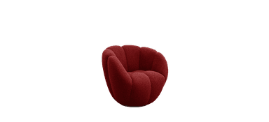 A modern, sculptural lounge chair featuring a deep red bouclé upholstery and a distinctive scalloped design, set on a swivel base. — 3D model