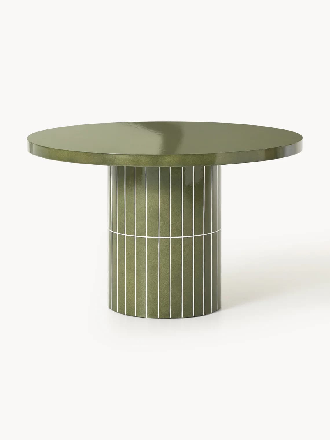 A round-top coffee table with a cylindrical pedestal base. The base features a decorative pattern of vertical lines with horizontal grout lines, creating a tiled effect. The surface has a high-gloss finish. — 3D model