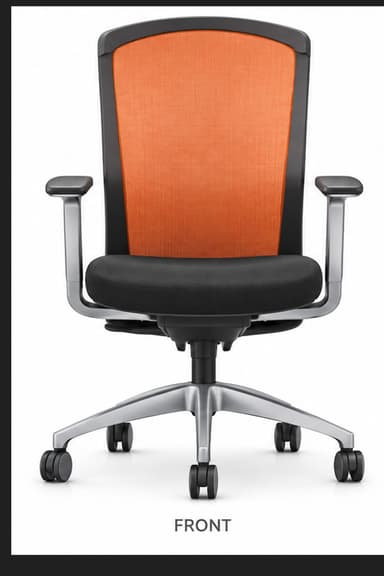 A modern ergonomic office chair featuring a vibrant orange mesh backrest, a padded black fabric seat, and adjustable armrests. It is supported by a silver-finished five-star base with casters for mobility. — 3D model