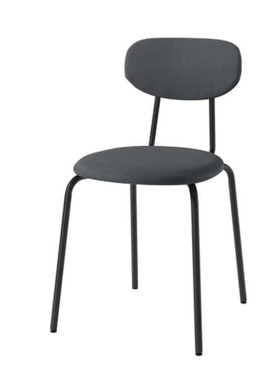 A simple, modern chair with a padded circular seat and a curved, rounded backrest, supported by slender black metal legs. — 3D model
