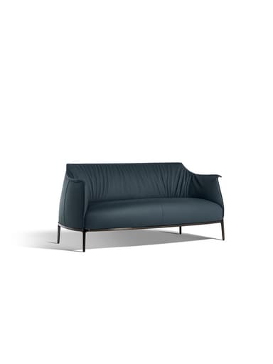 A modern two-seater loveseat featuring dark blue, possibly petrol or teal-colored, leather upholstery. The backrest exhibits a distinctive pleated or ruched design, adding texture and visual interest. The seat cushions appear smooth and clean-lined. The frame is supported by slender, dark-finished metal legs that extend from the base, giving the piece a light and elevated appearance. The arms are gently curved and integrated into the overall sleek silhouette. The design is contemporary with an emphasis on minimalist form and luxurious material. — 3D model