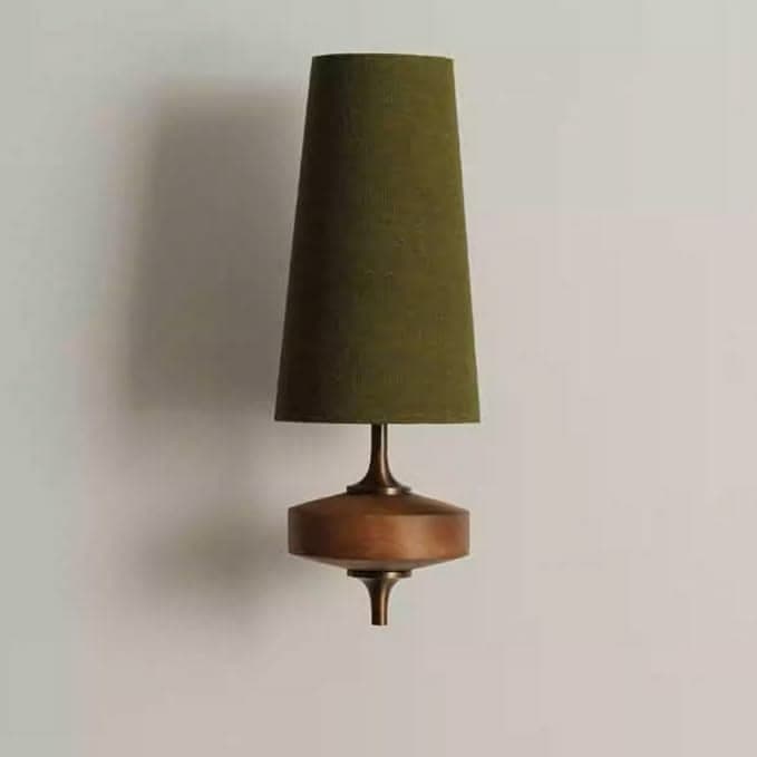 A Mid-Century Modern style table lamp featuring a solid, rounded walnut wood base, brass accents, and a tall, tapered olive green fabric shade. — 3D model