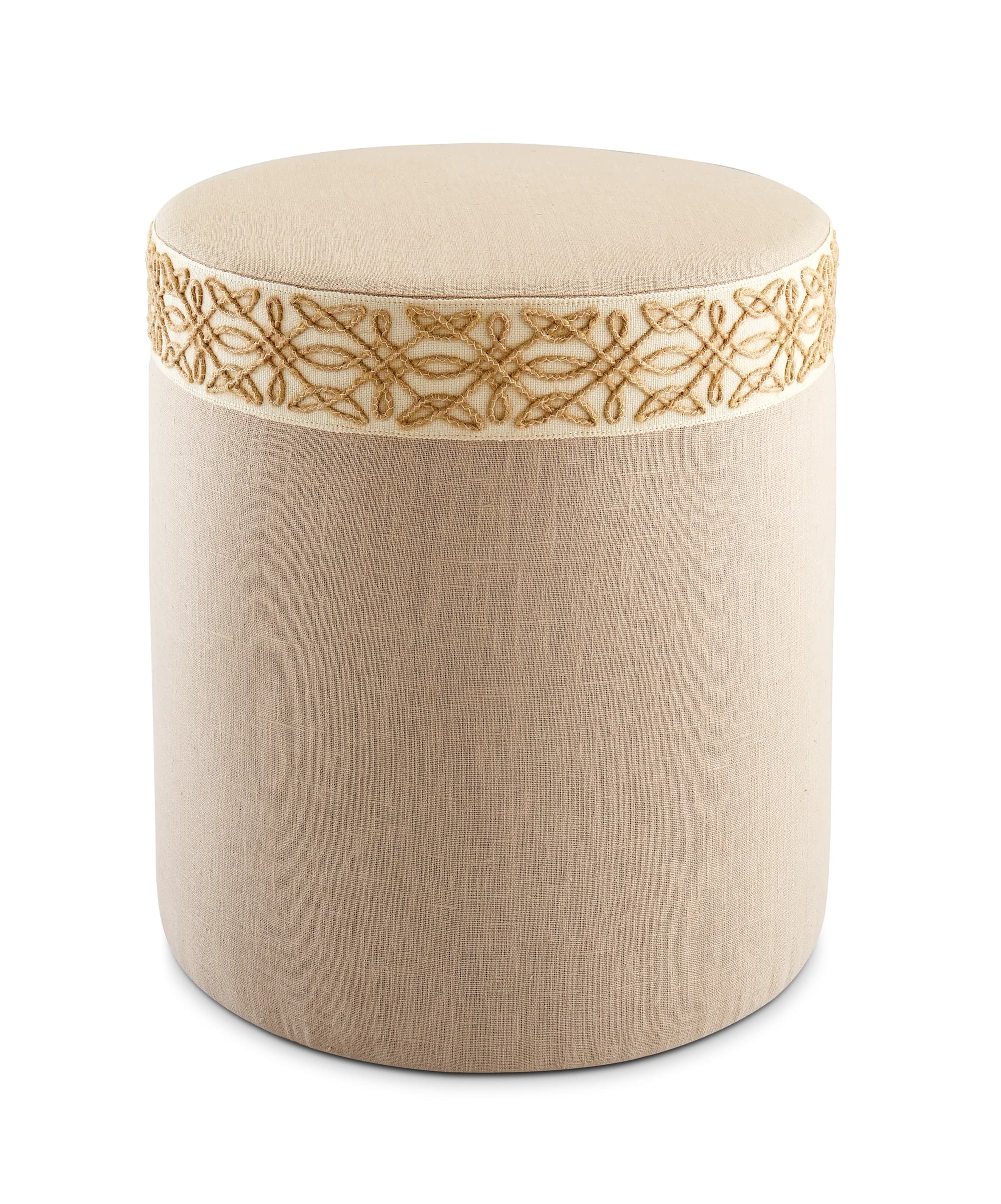 A cylindrical ottoman upholstered in a textured, neutral-toned fabric. A decorative band with intricate gold-toned embroidery encircles the upper portion of the ottoman, just below the upholstered top. The fabric appears to be a linen or linen-blend, providing a casual yet elegant aesthetic. The ottoman is designed with a rounded, cushioned top and a seamless cylindrical body. — 3D model