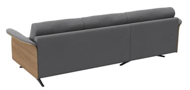 A sectional sofa with a chaise lounge extension. The sofa features a grey fabric upholstery with subtle horizontal stitching on the back cushions. It has a modern design with wooden accents on the arms and a unique metal base with curved legs. The sectional configuration includes a corner piece or a chaise extending from the main sofa body. — 3D model