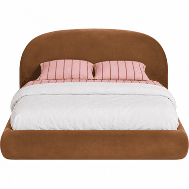 An upholstered platform bed featuring a continuous, integrated design with a softly curved headboard and a low-profile frame. The entire structure is covered in a plush, warm brown fabric, designed for a modern aesthetic. — 3D model
