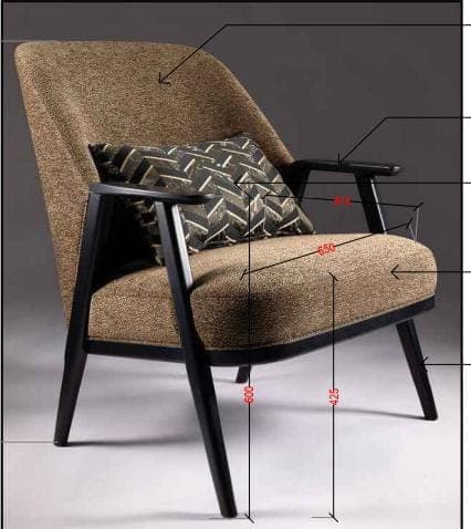 A modern upholstered lounge chair with a visible black wooden frame and tapered legs, featuring a textured brown fabric and a patterned throw pillow. — 3D model