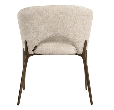 A contemporary armchair featuring a gently curved, barrel-style upholstered back and integrated armrests. The chair is covered in a light, textured fabric, likely a boucle or similar weave, in a cream or beige color. A distinctive crescent-shaped cut-out is visible on the lower backrest. It is supported by four slender, tapered wooden legs with a dark, possibly espresso, finish. — 3D model