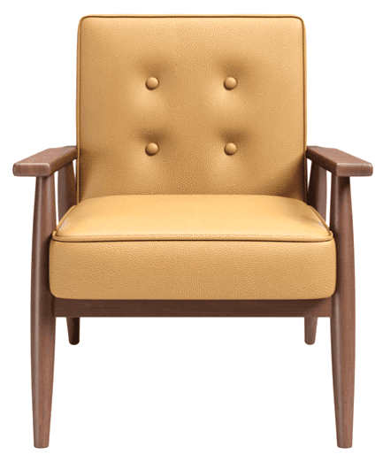 A Mid-Century Modern style armchair featuring a visible wooden frame and camel-colored upholstered cushions. The backrest is adorned with four button tufts, arranged in a square pattern. The armrests are flat, integrated into the wooden frame, and the legs are tapered, characteristic of the style. The seat cushion is separate and reversible, while the back cushion is fixed. — 3D model