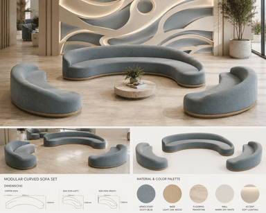 Three individual curved modular seating units, upholstered in a blue-grey fabric with a low-profile wooden base. These armless units are designed to be arranged in various configurations to form a sectional sofa or flexible seating arrangements. Each unit features a high backrest that gradually curves down to the seating surface. — 3D model