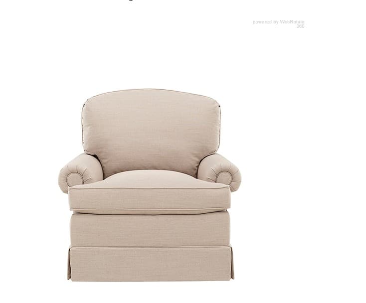 A traditional upholstered armchair featuring a classic silhouette. It has rolled arms, a rounded backrest, and a loose seat cushion. The base is covered with a tailored skirt, giving it a soft and cohesive appearance. The chair is upholstered in a light, neutral-toned woven fabric. — 3D model