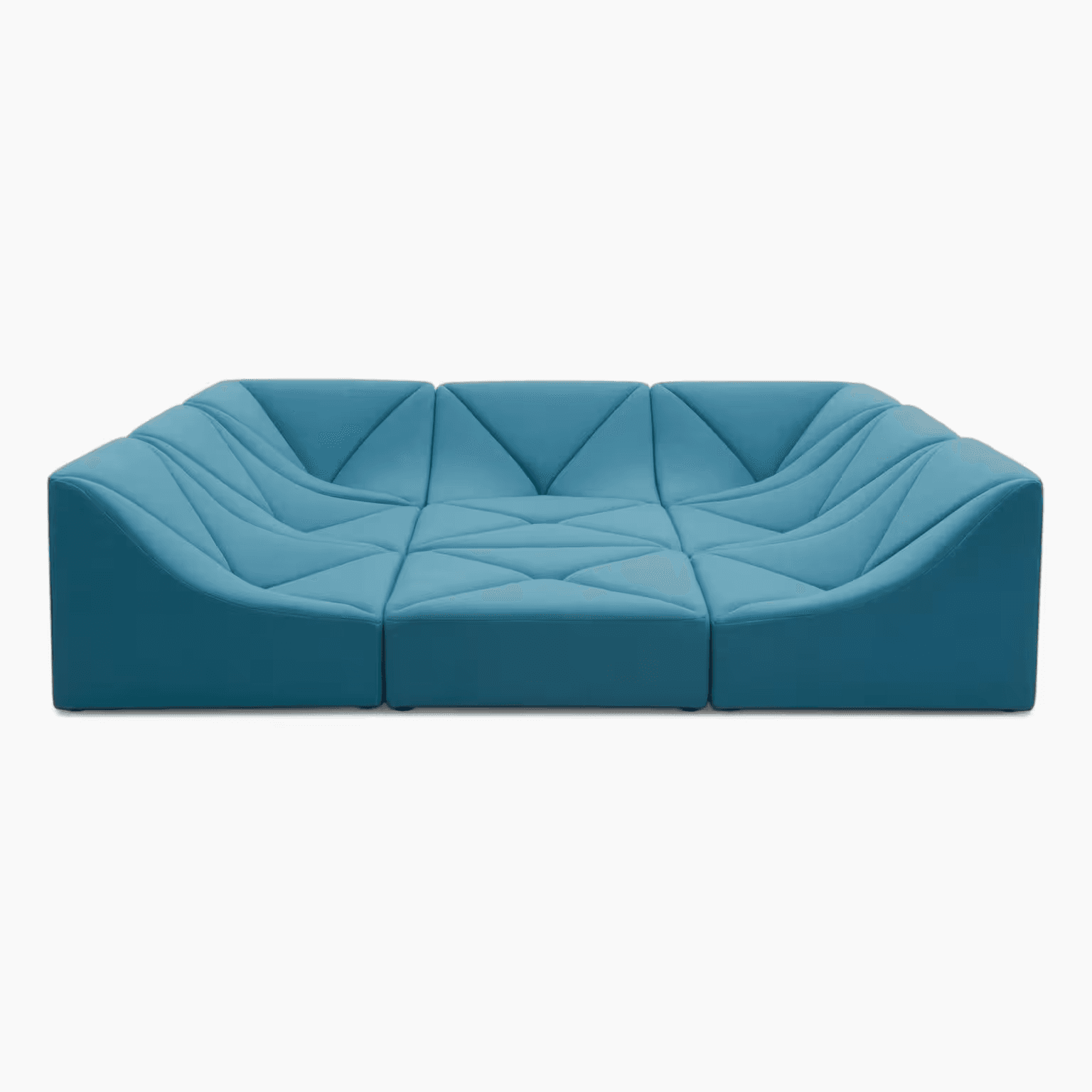 A modular sofa composed of three individual seating units arranged in a straight line. Each unit features a distinctive geometric quilting pattern with triangular and diamond shapes across its surface. The sofa has a low profile and appears to be upholstered in a smooth, matte fabric. — 3D model