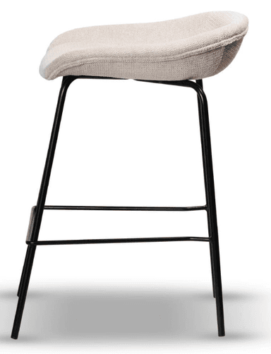 A modern bar stool featuring a sculpted, upholstered seat in a light, textured fabric atop a minimalist black metal frame with integrated footrests. — 3D model