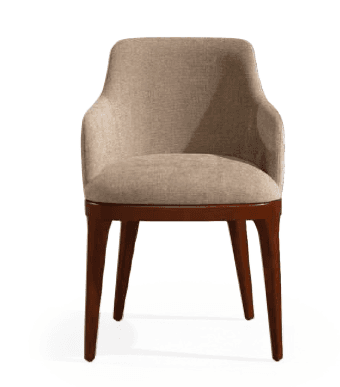 A side view of a upholstered armchair with a wooden base and legs. The backrest is curved and forms into armrests. The upholstery appears to be a textured fabric, and the base is a dark polished wood. — 3D model