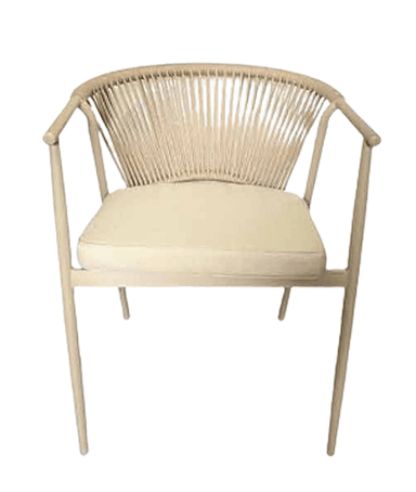 A contemporary armchair featuring a slender, cream-colored frame and a distinctive curved backrest made from vertically strung synthetic rope. It includes a removable, light-colored seat cushion. — 3D model