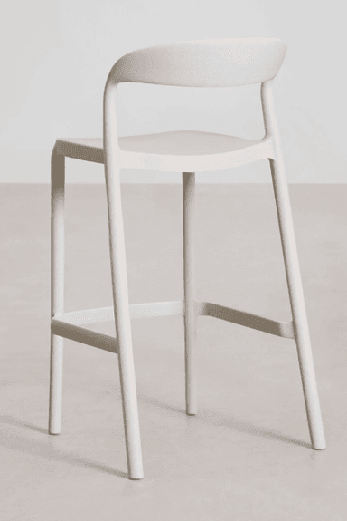 A contemporary bar stool with a curved backrest and a molded seat. The stool has four straight legs connected by stretchers for added stability. The overall design is minimalist and modern. — 3D model