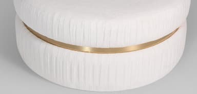 A round, upholstered ottoman with a textured fabric covering and a decorative metallic band around its midsection. The ottoman is composed of two stacked, cylindrical sections, both featuring vertical pleating in the upholstery. — 3D model