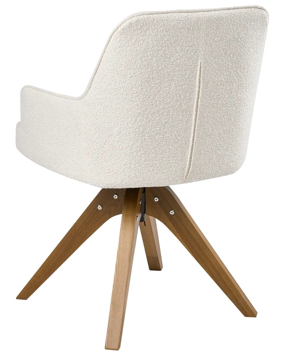 A modern accent chair with a textured fabric upholstery and a unique wooden base. The chair features a curved backrest that extends into armrests, and a central pedestal that splits into four splayed legs. The legs have a distinct mid-century modern aesthetic. — 3D model