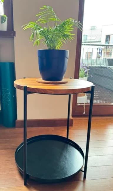 A modern, minimalist round side table featuring a light wood tabletop with a central circular cork inlay, supported by a slender black metal rod frame that also holds a lower circular black metal tray shelf. — 3D model