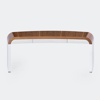 A modern console table featuring a distinctive curved, high-gloss burl wood veneer top that transitions seamlessly into a sleek, white lacquered base. The design incorporates three handleless drawers discreetly integrated into the white front panel, maintaining a minimalist and contemporary aesthetic. — 3D model