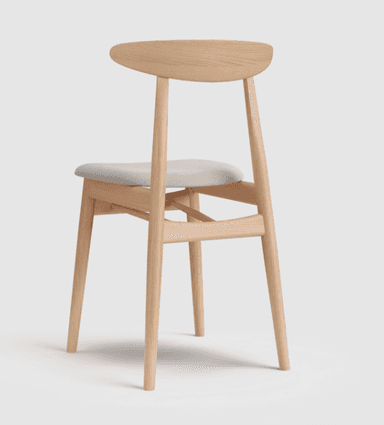 A minimalist Scandinavian-style dining chair crafted from light-toned solid wood with an upholstered seat. The chair features a gently curved backrest for ergonomic support and sleek, tapered legs. The design emphasizes natural materials and clean lines. — 3D model