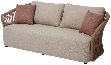 A modern three-seat sofa featuring a textured cream-colored boucle fabric upholstery for the main body and cushions, complemented by woven rattan-style arms and a partial back. It includes two contrasting terracotta-colored toss pillows. — 3D model