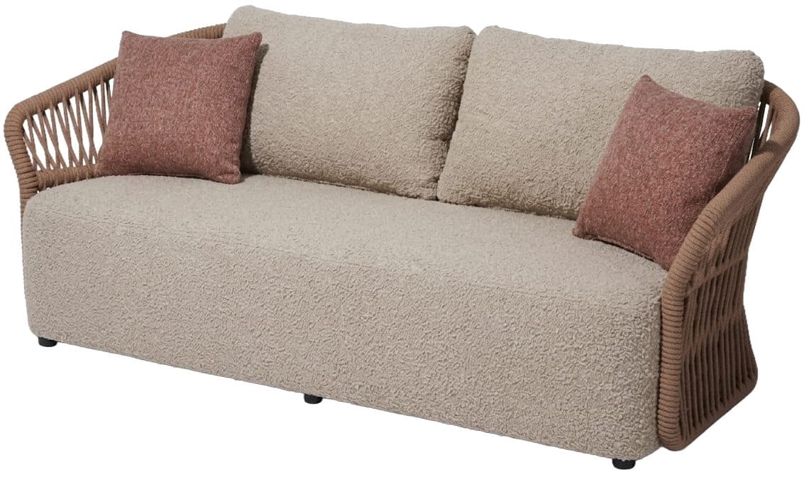 A modern three-seat sofa featuring a textured cream-colored boucle fabric upholstery for the main body and cushions, complemented by woven rattan-style arms and a partial back. It includes two contrasting terracotta-colored toss pillows. — 3D model
