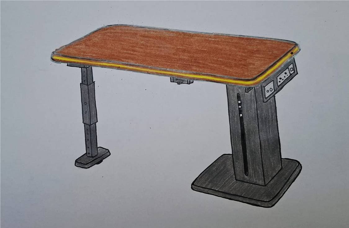 An adjustable height desk with a rectangular wooden top and dark metal legs. The desk features integrated electrical outlets and controls on the right side, and a light strip around the perimeter of the desktop. The legs are adjustable in height and appear to be made of metal with a matte finish. The base is a flat, square plate. — 3D model